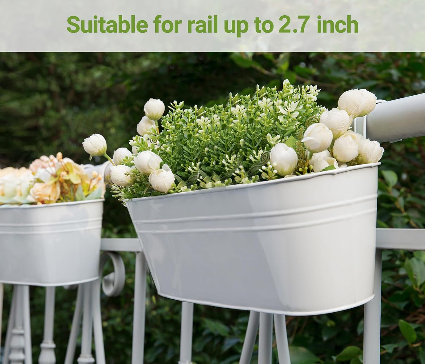 Dahey 3 Pcs Metal Iron Hanging Flower Pots for Railing Fence 15.7 Inch Hanging Bucket Pots Countryside Style Window Flower Plant Holder with Detachable Hooks for Garden Yard Home Decor, White