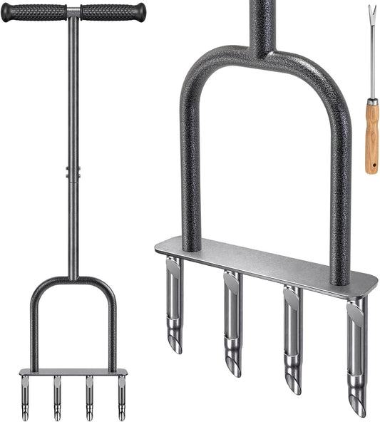 Dolibest Manual Aerator Lawn Tool, Manual Yard Plug Aerators with 4 Stainless Steel Semi-Open Plugs, Pre-Assembled Manual Grass Aerating Tool & Clean Hand Tool, Improving Lawn Health -37Inch