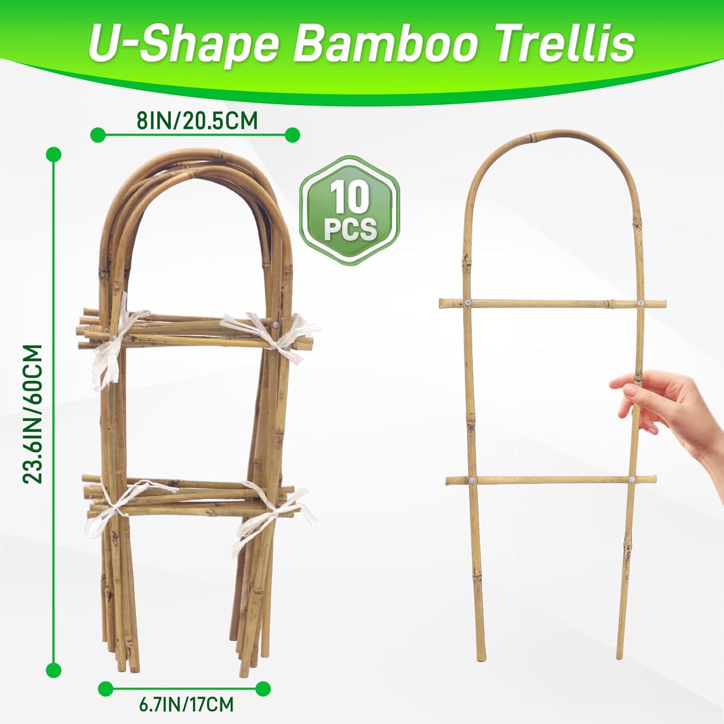 10 Pack 2ft U-Shape Bamboo Trellis for Climbing Plants, Natural Garden Trellis for Tomatoes, Cucumbers, Potted Plants, Vegetables Indoor Outdoor