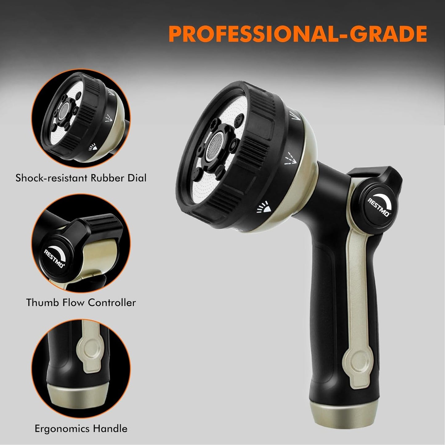 RESTMO Full Shower Hose Nozzle, Metal Spray Nozzle for Garden Hose, 8 Spray Patterns, Water Hose nozzle with Thumb Control, Ideal for Outdoor Lawn & Plant Watering, Car & Pet Washing, Bronze