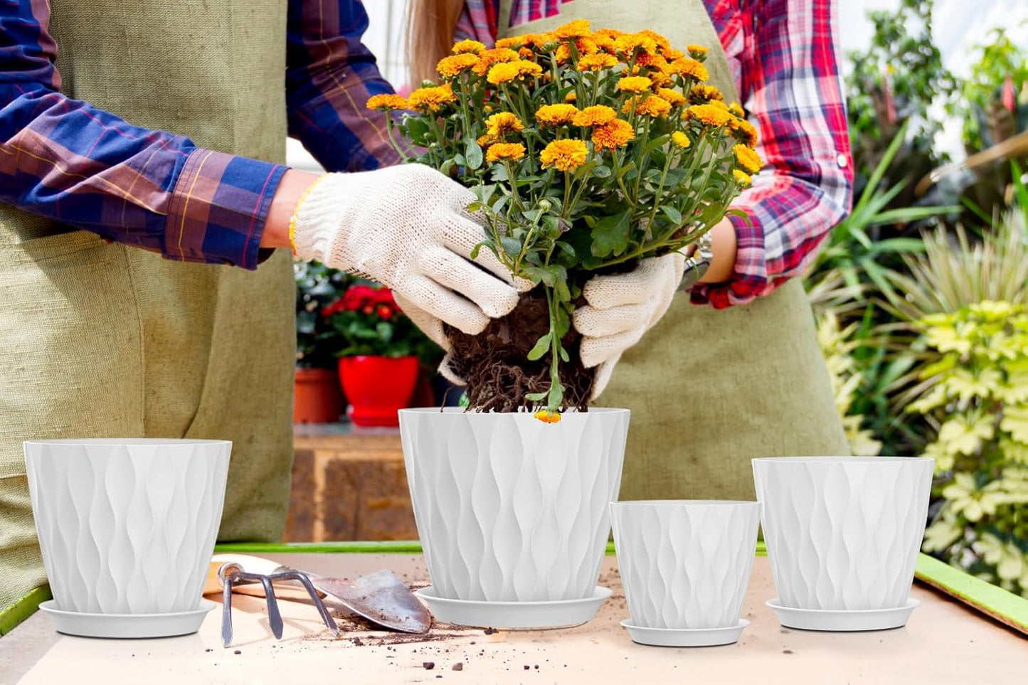 4/4.5/5/5.5/6/6.5/7 Inch Plant Pots,7 Pack Flower Pots with Drainage Holes and Trays,Plastic Planters for Indoor Outdoor Plants Growth,White