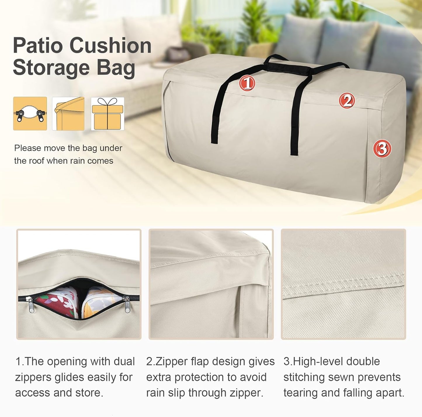Porch Shield Outdoor Cushion Storage Bag 62 inch Waterproof Outside Storage Bags for Patio Furniture with Zippers and Handles
