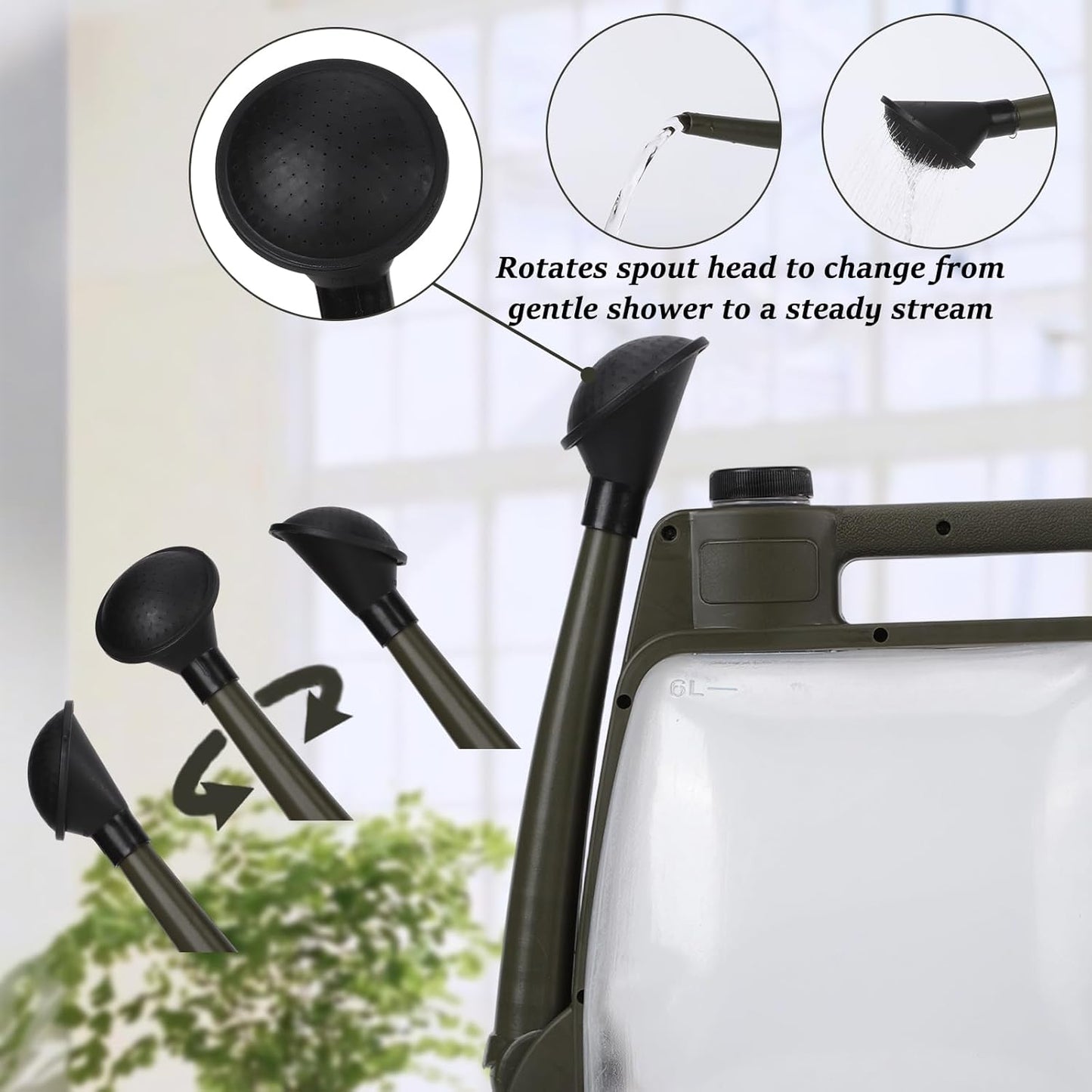 Foldable Transparent Plastic Watering Can 1.6Gal with Spray and Pour Nozzle for Indoor Outdoor Plants,Army Green