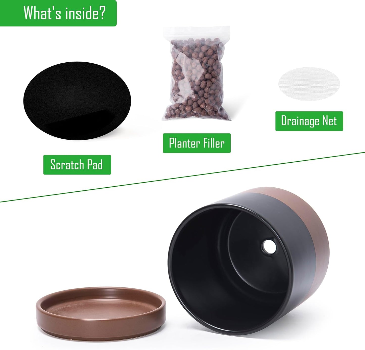 D'vine Dev Set of 2 Plants Pots, 6 Inch Ceramic Planter Pot for Plants with Drainage Hole and Saucer, Black/Speckled Tan, 94-V-C-7