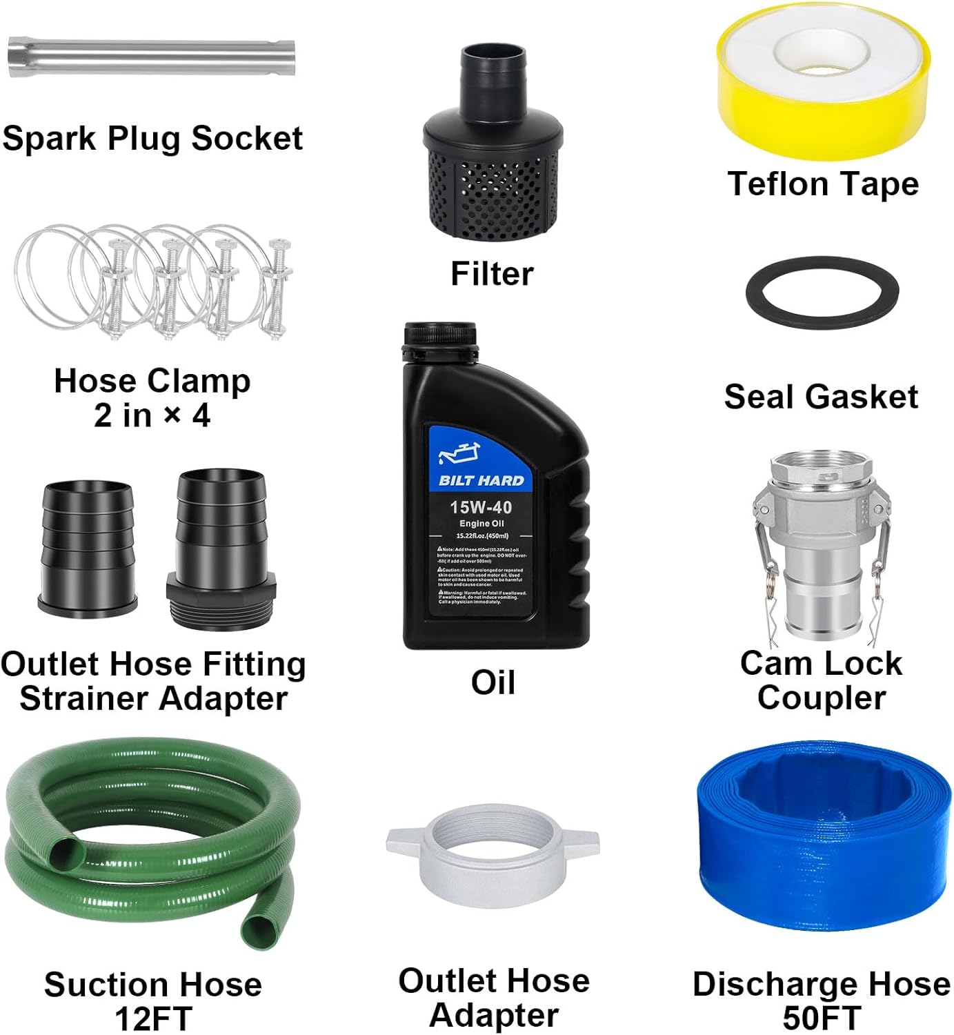 BILT HARD Semi Trash Pump 2 inch, 158 GPM 7HP Gas Powered Water Pump, 212cc 4-Cycle Engine with 50 ft Discharge Hose, 12 ft Suction Hose and Complete Fittings, EPA Certified