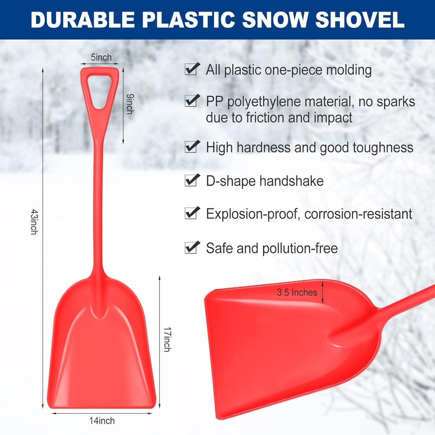 Frienda 3 Pieces Plastic Snow Shovel 43 x 14 Inches Heavy Duty Hygienic Shovel with D Shaped Grip Handle Large Durable Seamless Snow Scoop for Kitchen Gardening(Red)