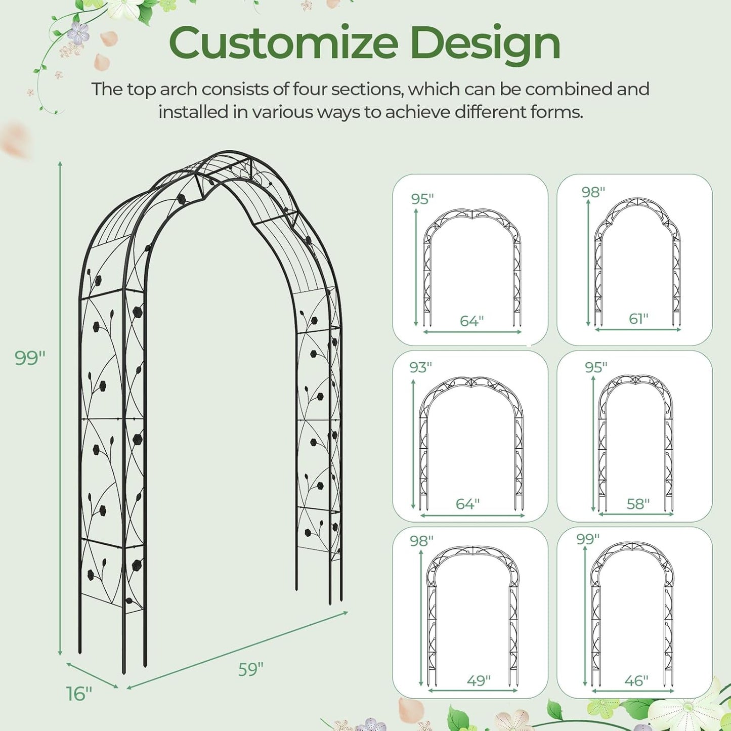 IRONMAX Garden Arch, Heavy Duty Galvanized Steel Arbor w/ 7 Sizes & Metal Flower Leaf Decoration, Outdoor Garden Trellis for Climbing Plants Rose Vines & Wedding Party Ceremony