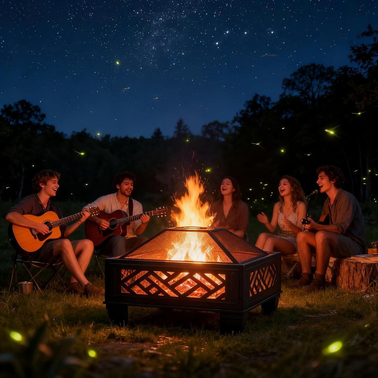 Breezz Update Version 26 Inch Wood Burning Fire Pit with Cooking Grill and Spark Screen, Outdoor Metal Firepit for Patio, Backyard, Bonfire Party, Camping and Garden