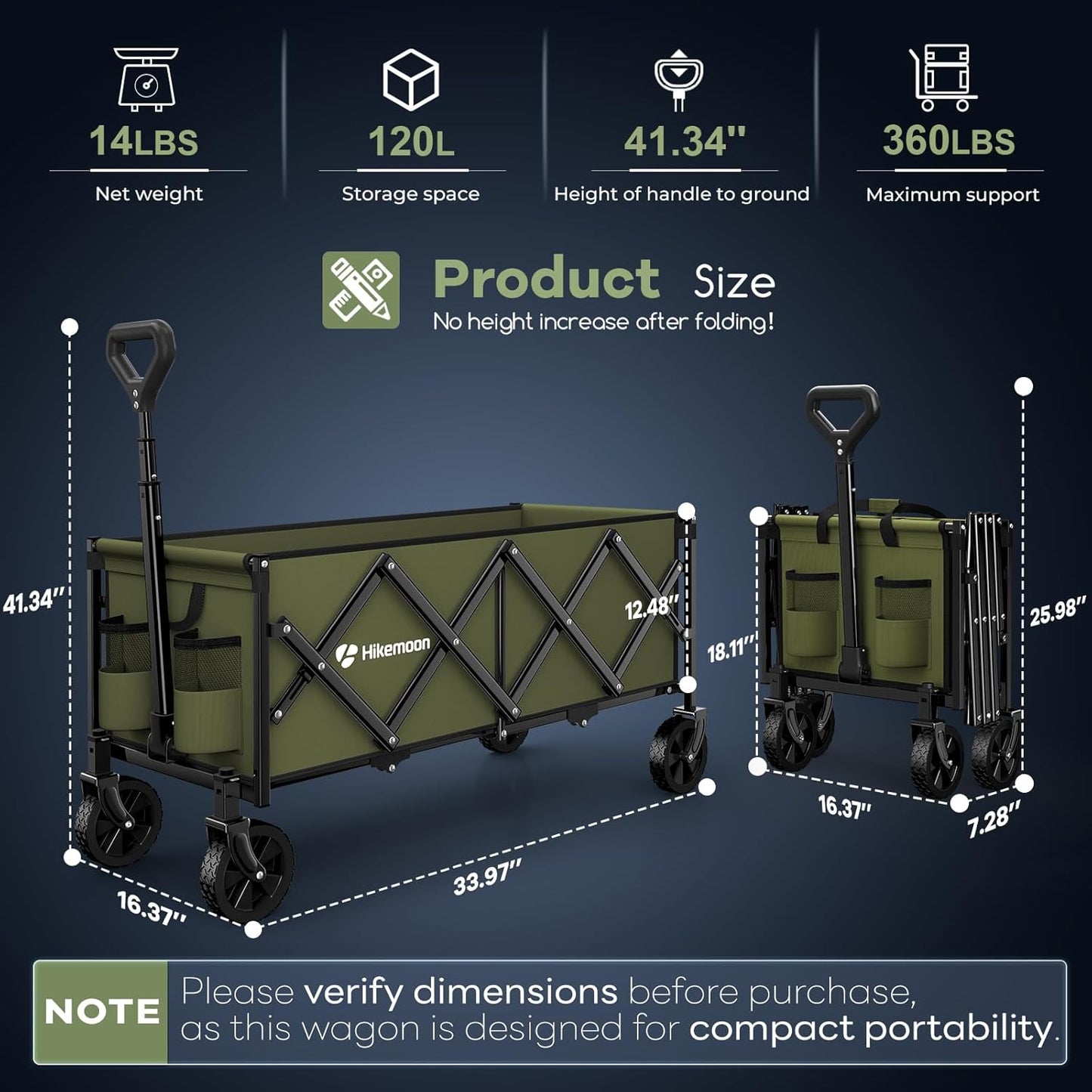 34'' Extra Long Collapsible Wagons Carts Foldable, 360LBS Heavy Duty Folding Beach Wagon with Wheels, Portable Utility Outdoor Cart for Grocery, Garden, Sports, Camping, Green