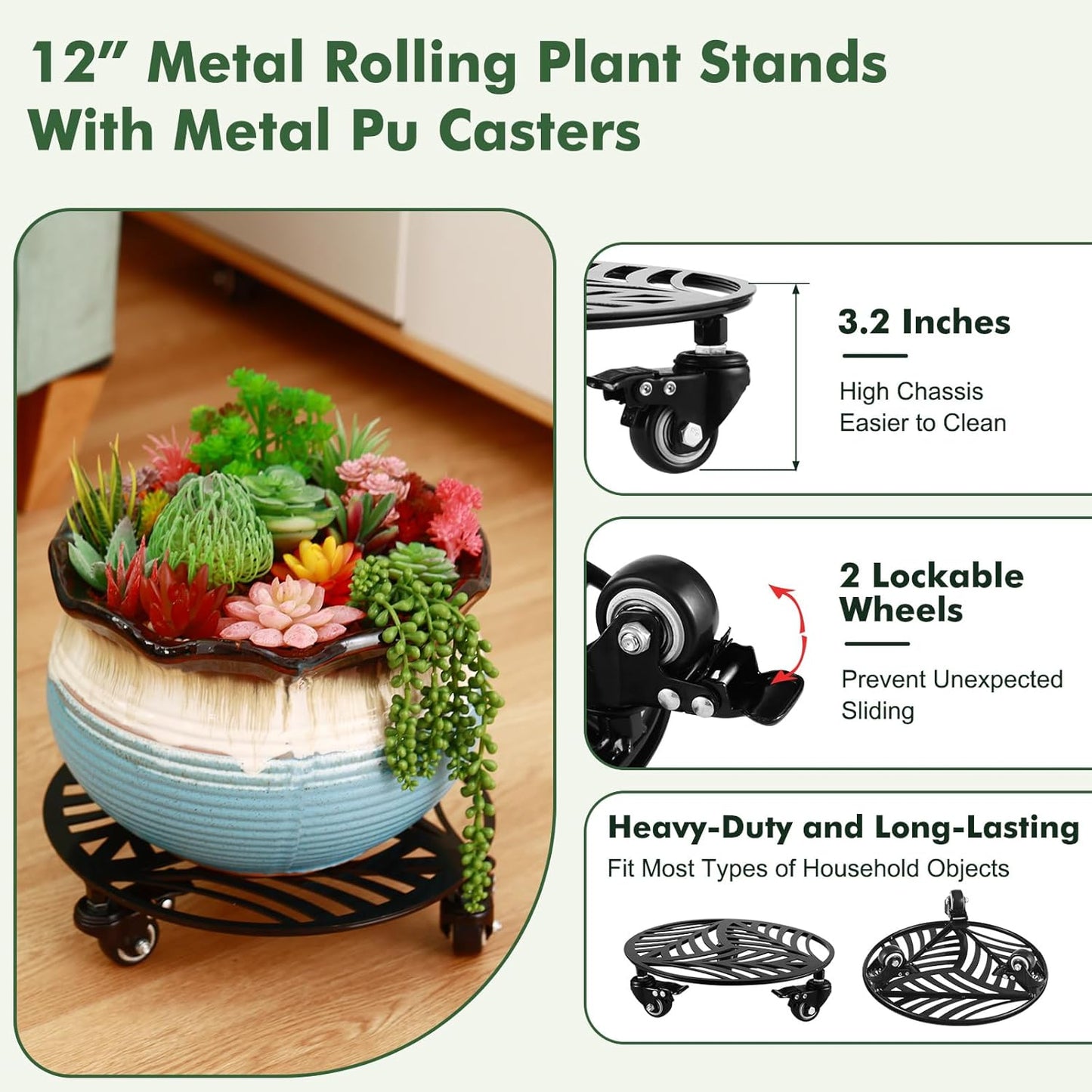 2 Packs 12" Large Metal Plant Caddy with 3 PU Metal Wheels Heavy-duty Wheeled Rolling Plant Stands with Casters Indoor Outdoor Flower Pot Roller Base Planter Dolly Coaster Movers Black, Strong Load Capacity