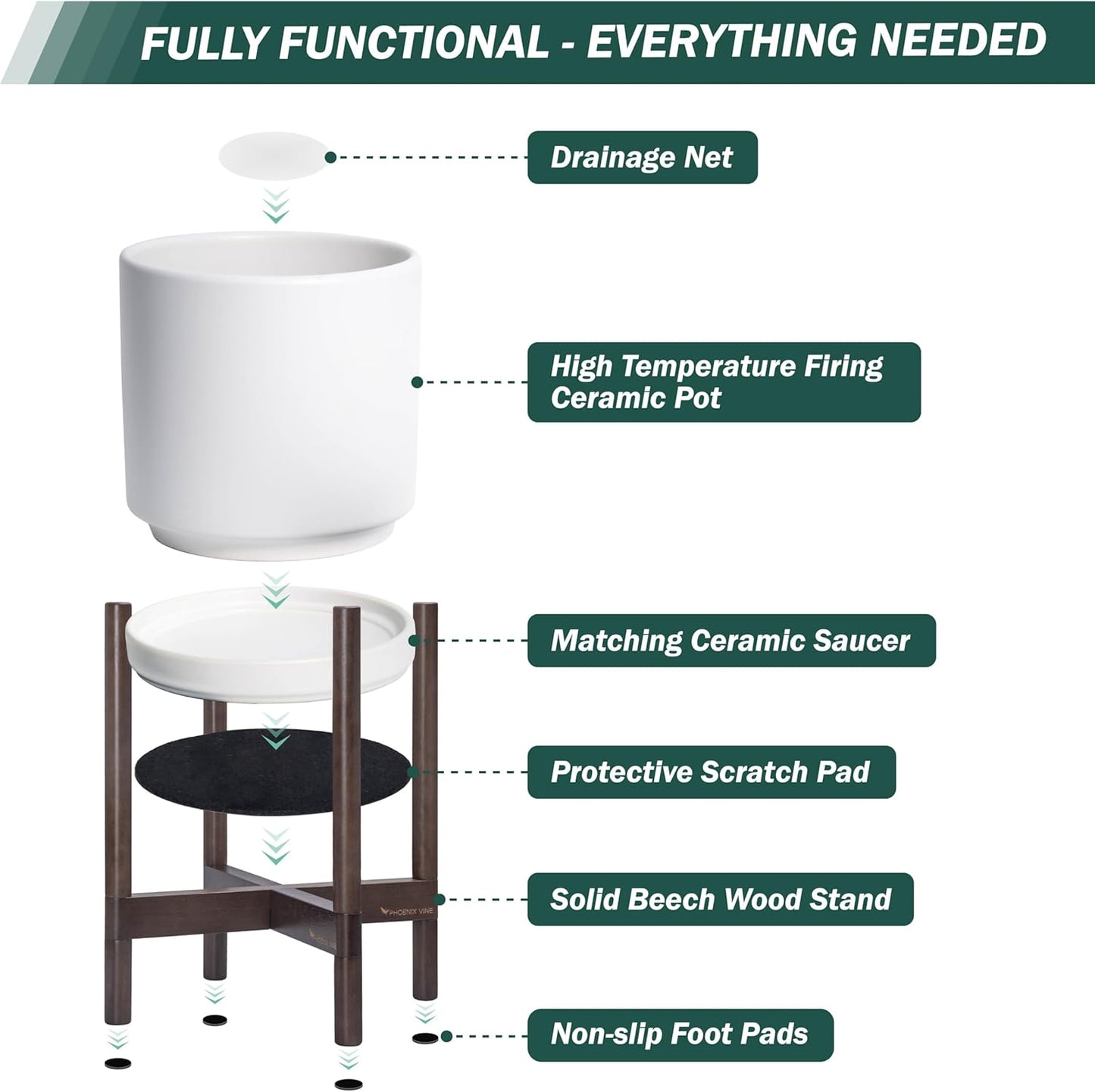 D'vine Dev Ceramic Planter with Walnut Color Stand - 12 Inch Modern Round Flower Pot with Wood Planter Holder, White, 55-B-W-1