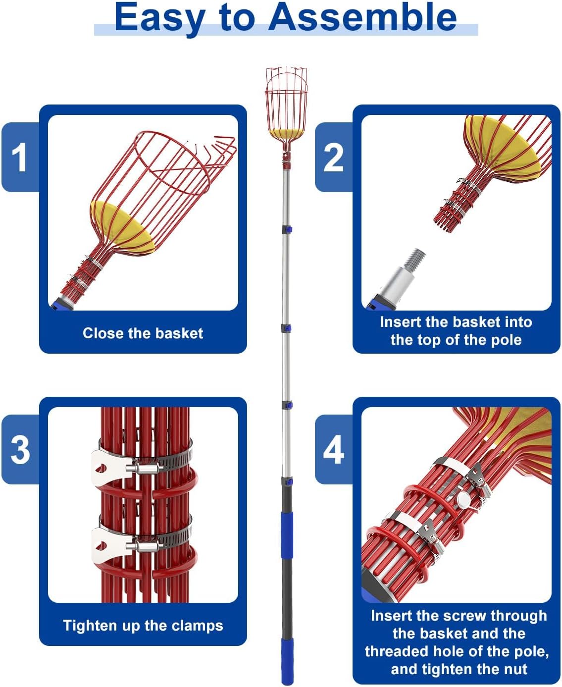 26FT Reach Fruit Picker, 5-20 Foot Sturdy Aluminum Telescoping Fruit Picker Extension Pole with Metal Twist-on Basket, Suit for Apple Pear Lemon Mango Guava Orange Avocados Tree Fruit Picking