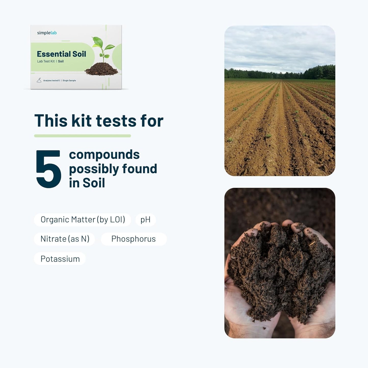 Essential Soil Test by SimpleLab | Soil Quality Tester for 5 parameters Like pH, Organic Matter, Nitrate, Phosphorus, and Potassium | Soil Testing Kit