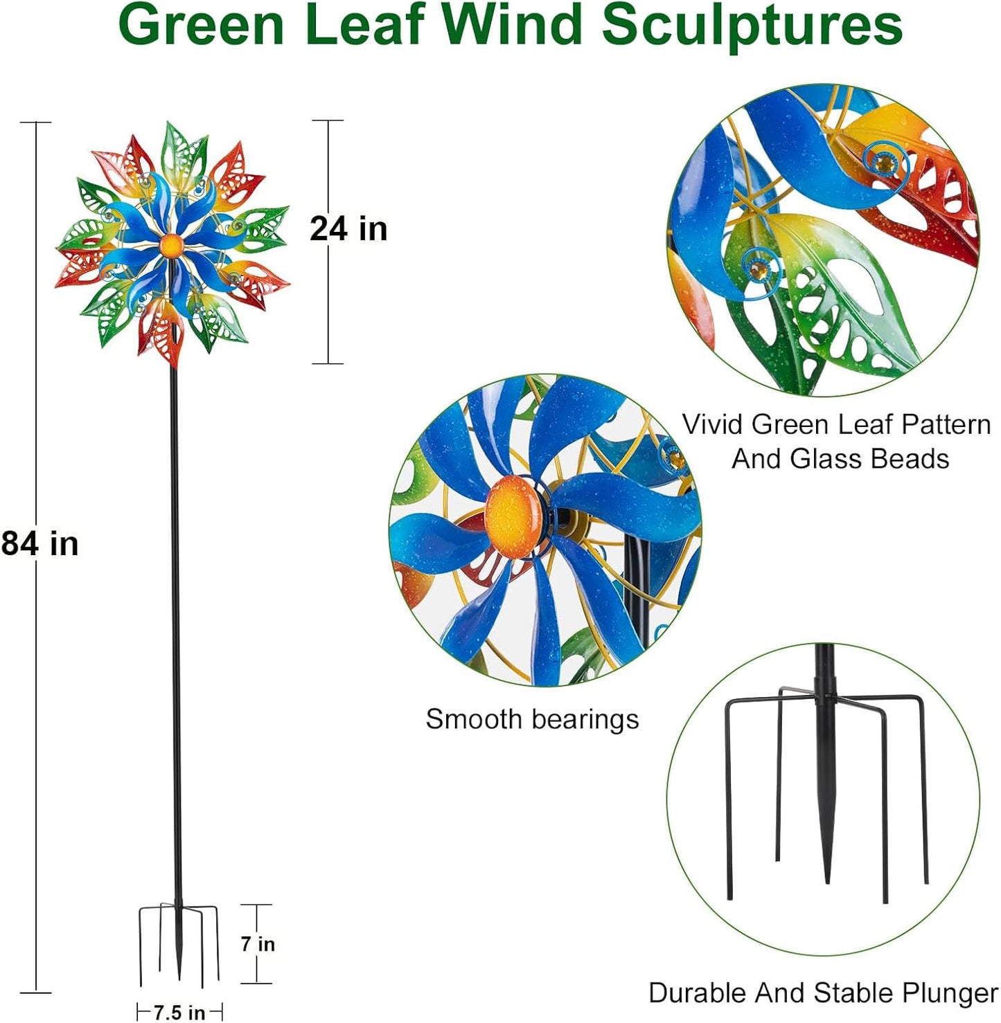 Extra Large Wind Spinners Outdoor, Metal Green Leaf Wind Sculpture Yard Art Decor, Windmill for Yard, Garden, Patio, Lawn and Courtyard 84 * 24 Inches