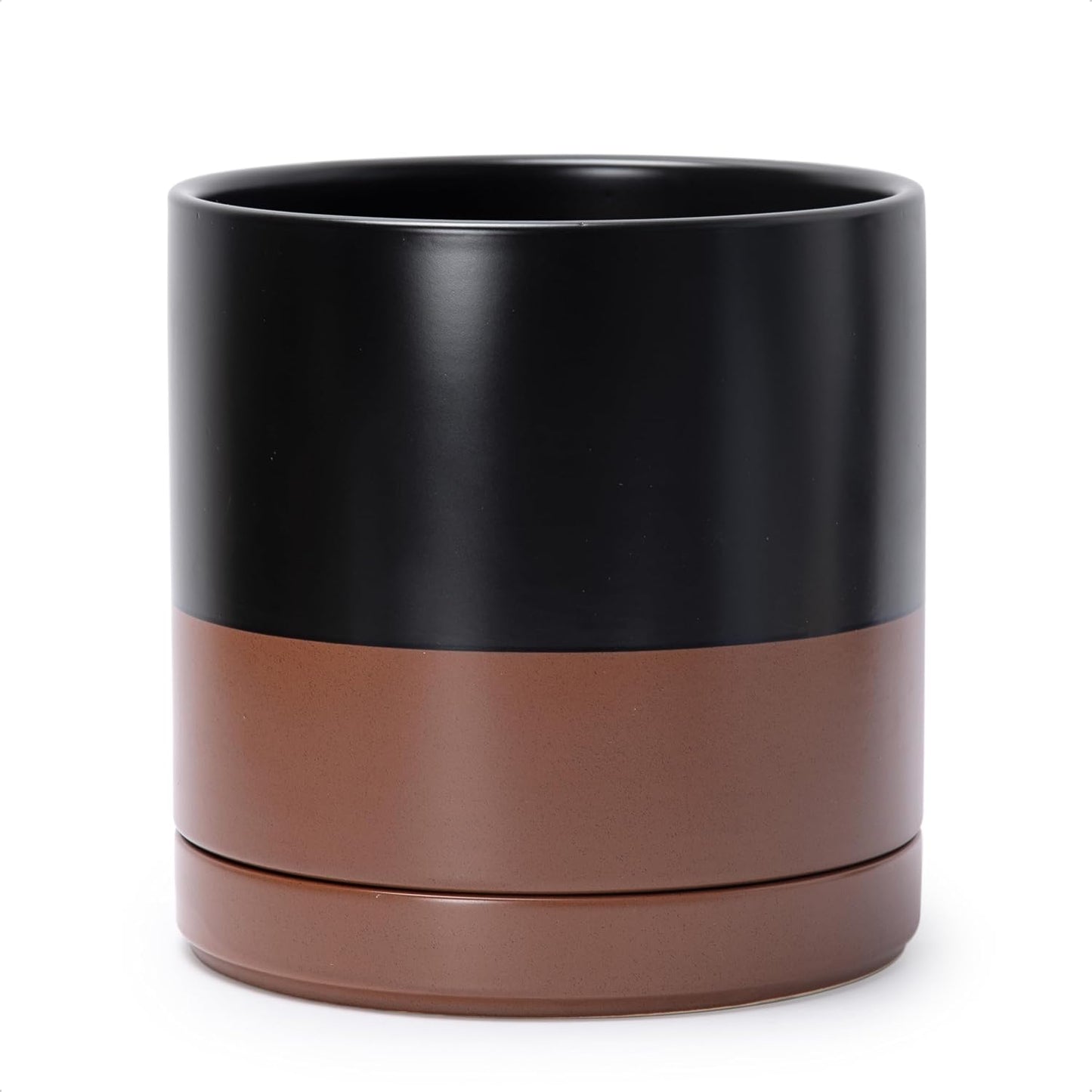 D'vine Dev 10 Inch, Ceramic Planter Pot with Drainage Hole and Saucer, Indoor Cylinder Round Planter Pot, Black/Speckled Tan, 94-O-E-7