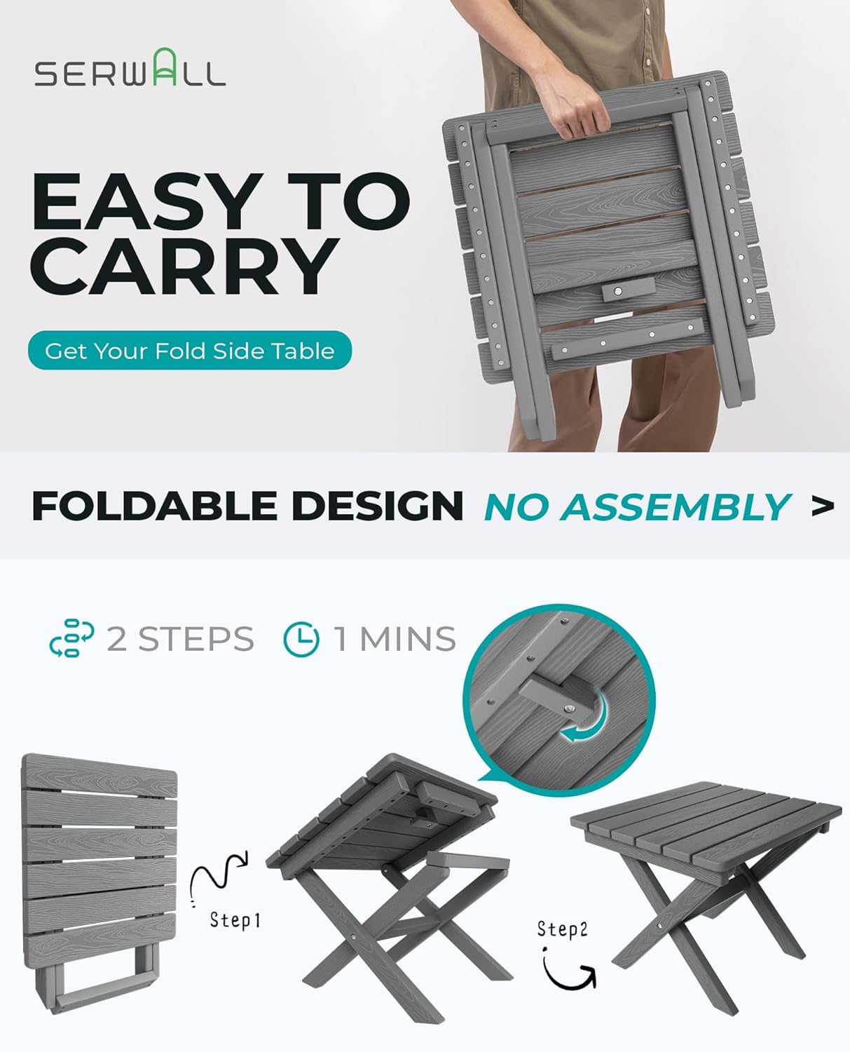 SERWALL Small Folding Side Table, HDPE Outdoor End Table for Patio, Porch, Deck, Pool, Gray