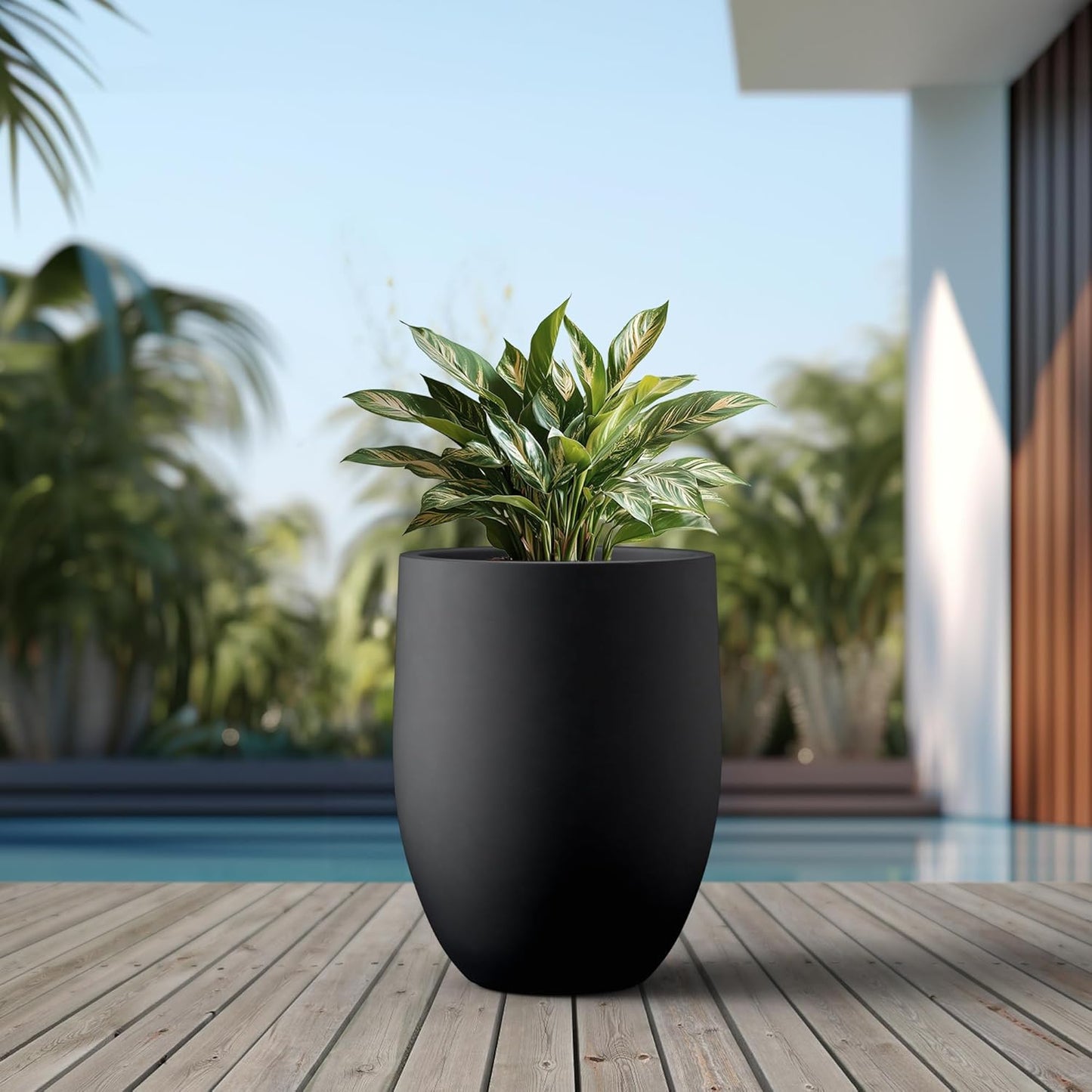 Kante 21.7 Inch Tall Concrete Planter, Large Indoor Outdoor Plant Pot with Drainage, Smooth Black Finish with Warm Brown Interior, Ideal for Porch, Home, Garden, Patio