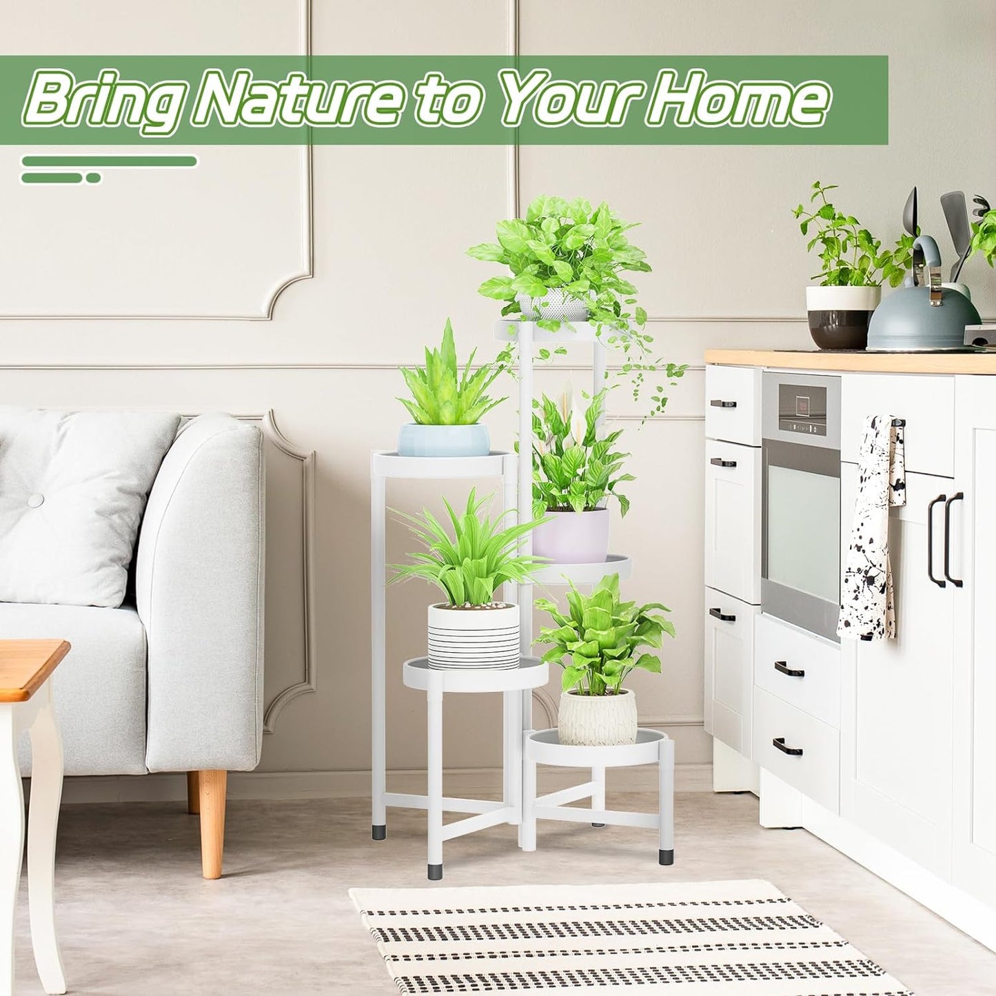 iDavosic.ly Plant Stand Indoor Outdoor, 5 Tier Corner Metal Flower Display Holder Shelf, Folding Tall Orchid Rack for Patio Balcony Porch Garden Living Room House, White