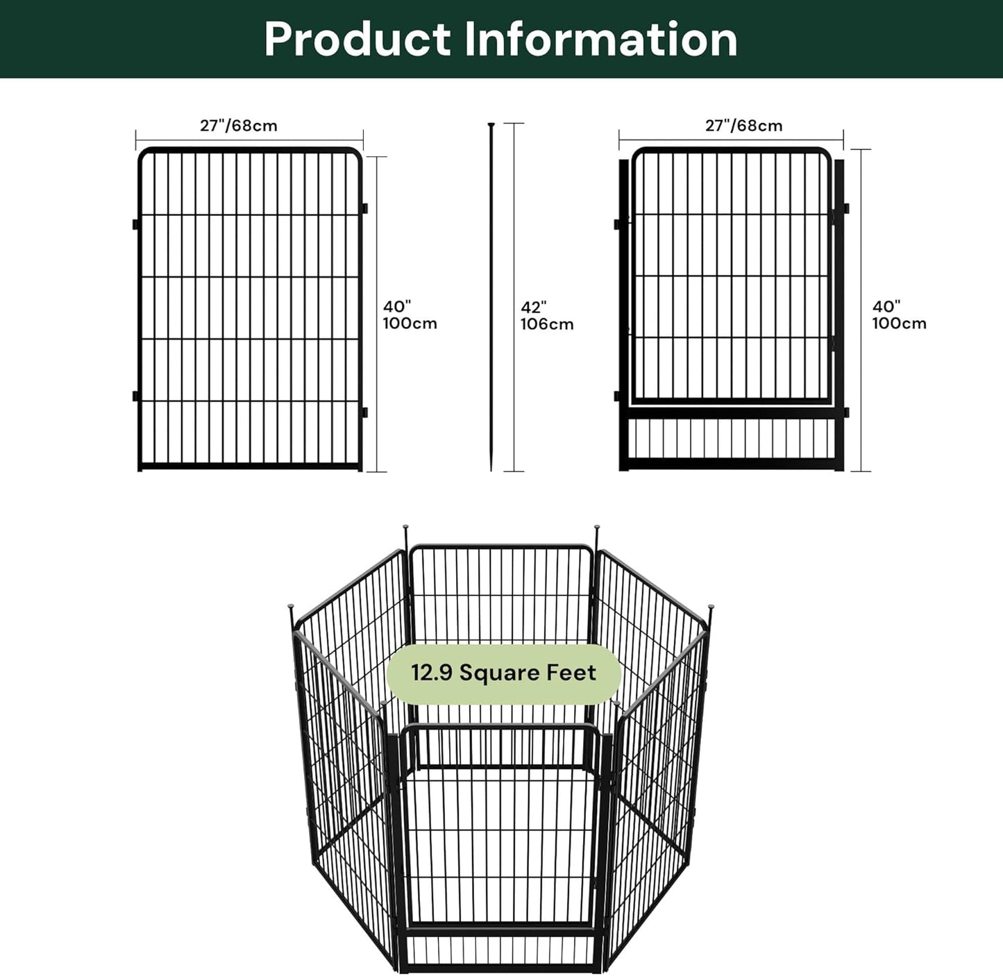 Decorative Garden Fence with Gate 40 in(H) x 13.4 ft(L) 6 Panels, Heavy Duty Metal Animal Barrier Fence for Yard, Flower Bed Fencing, Garden Border Fence, Easy Set Up, Black