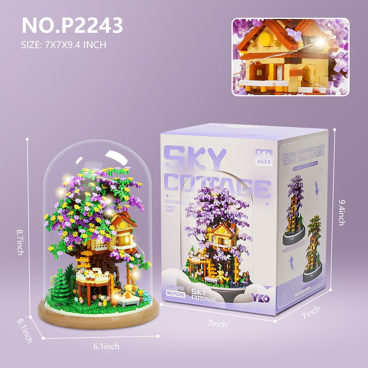 DIY Flower Building Toy Sets Miniature Cherry Blossom Tree House Building Kit, Purple & Yellow Sakura Flowers, Building Blocks Set for Adults & Girls - Bonsai Tree Model with Dust Cover