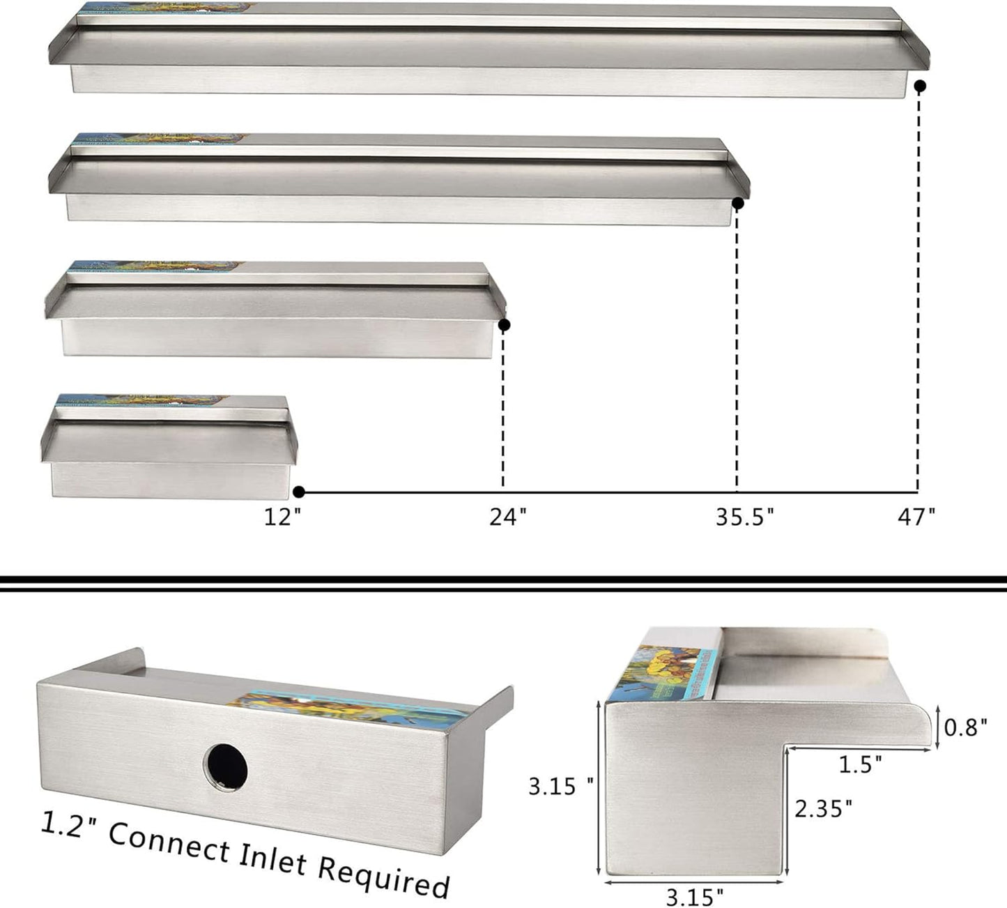 YUDA 24 Inch Water Pool Fountain, 304 Stainless Steel Pool Waterfall with Wider Water Flow Platform, Professional Waterfall Spillway for Sheer Descent Garden Outdoor