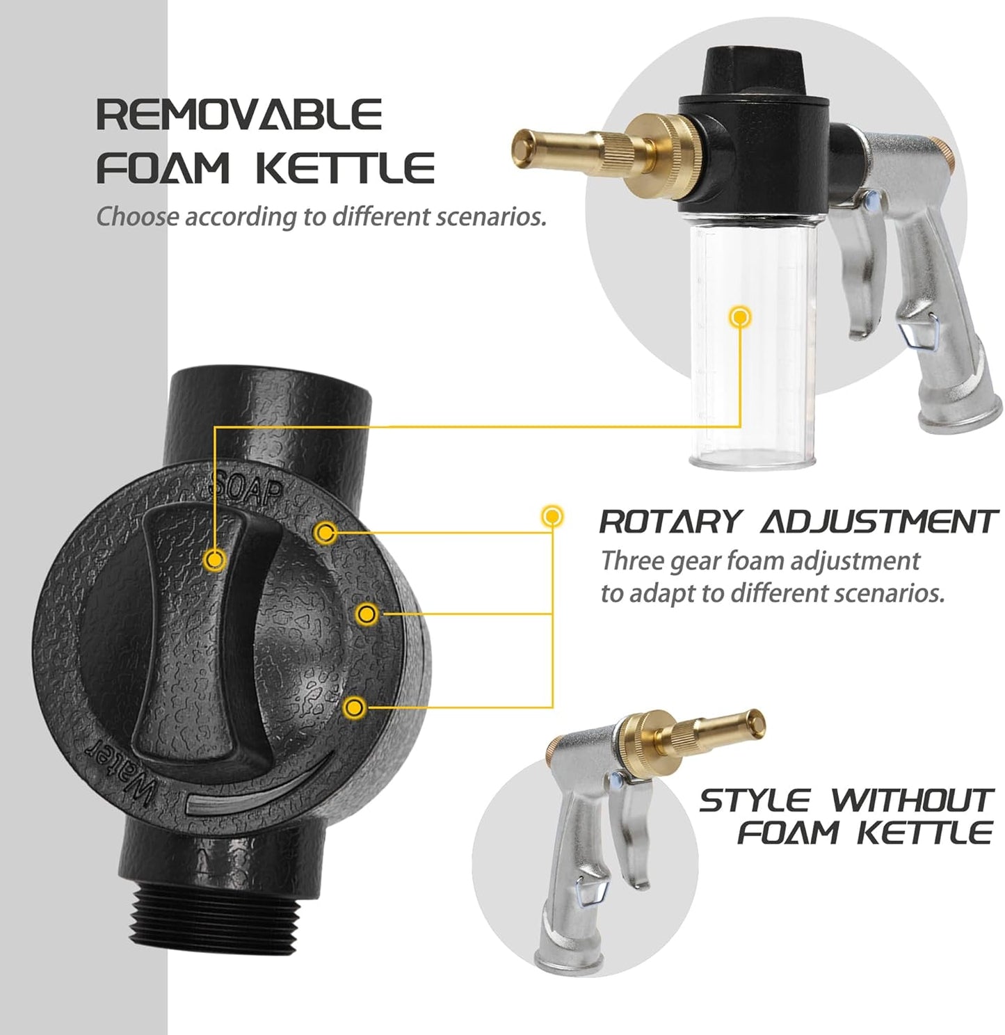 Garden Hose Nozzle Sprayer with 3.5oz Plastic Soap Dispenser Bottle, Heavy Duty High Pressure Car Wash Foam Gun, Adjustable Nozzle for Gardening, Solar Panel Cleaning, Pet Showering (Silver)