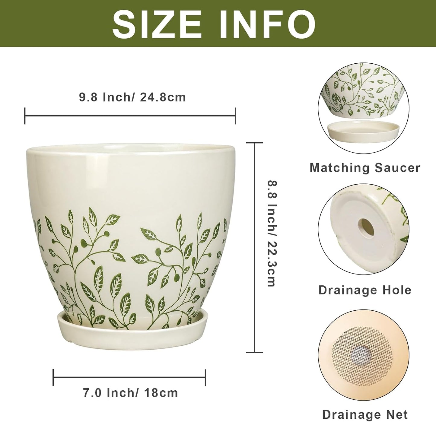 10 Inch Ceramic Planter - Ceramic Plant Pot for Indoor Outdoor Plants, Boho Round Indoor Flower Pot with Drainage Hole and Saucer, Gifts for Plant Lovers, Home Garden Apartment Decor, White