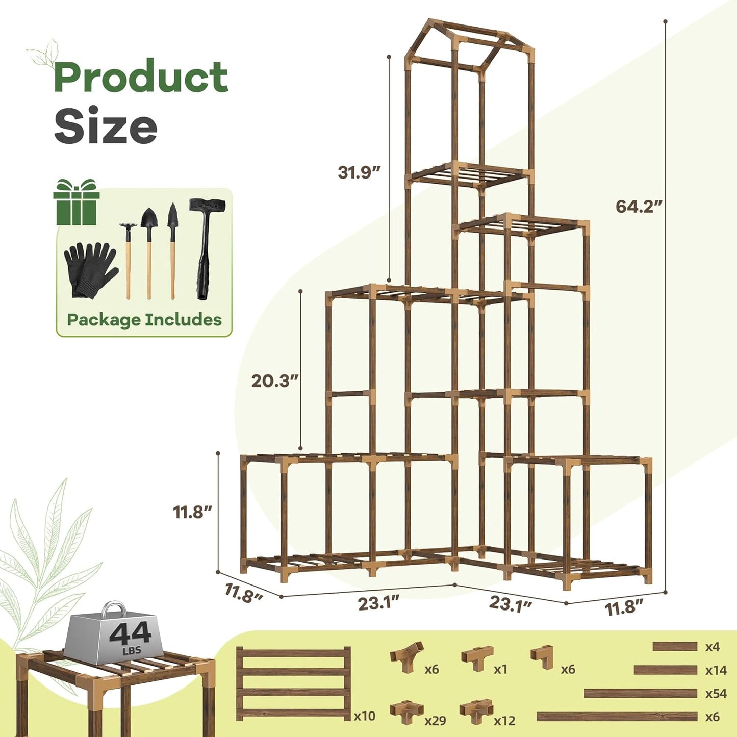 EnHomee 64.2" H Plant Stand Indoor Outdoor Tall Plant Shelf for 13-19 Pots Corner Tiered Plant Stands for Multiple Plants Wood Hanging Plants Holder for Garden Balcony Patio Window Porch