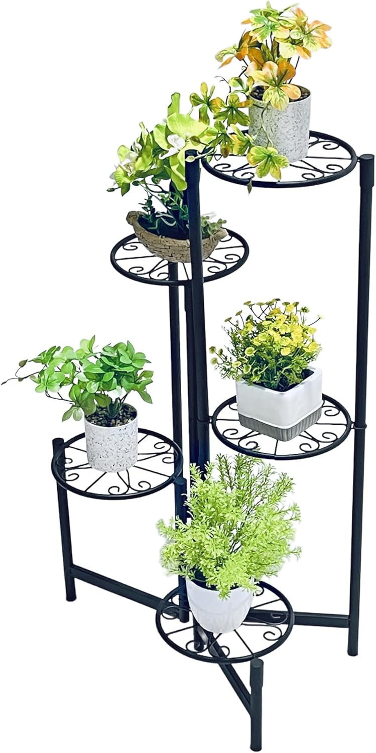 5 Tier Metal Plant Stand for Indoor Outdoor Foldable Corner Tall Plant Shelf for Multiple Plants Flower Pot Holder Display Stand for Living Room Balcony Garden Patio Black