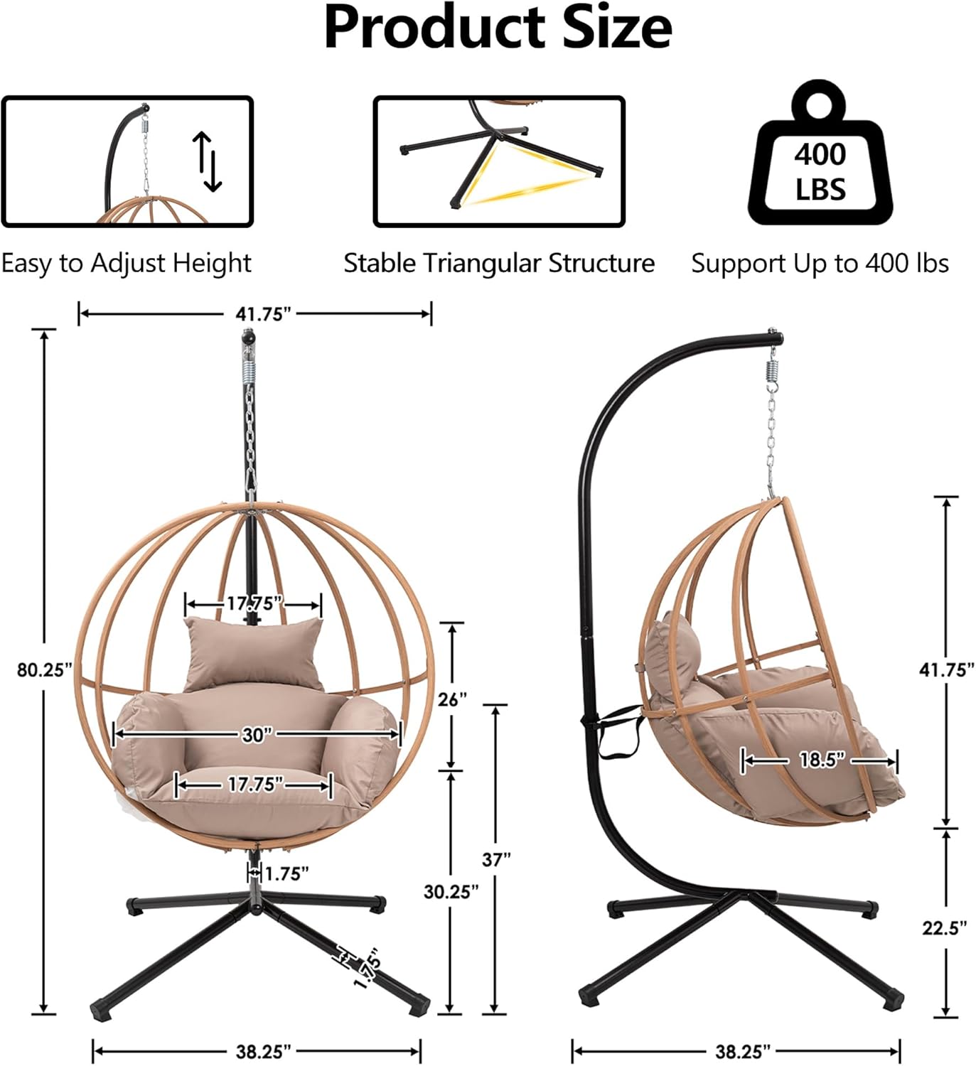 Egg Cahir Outdoor, Imitation Rattan Hanging Egg Chair with Stand, Hanging Chairs with Cushions, 80" High All Weather Basket Swinging Chairs, Egg Swing Chairs Outdoorfor Balcony/Deck, Khaki