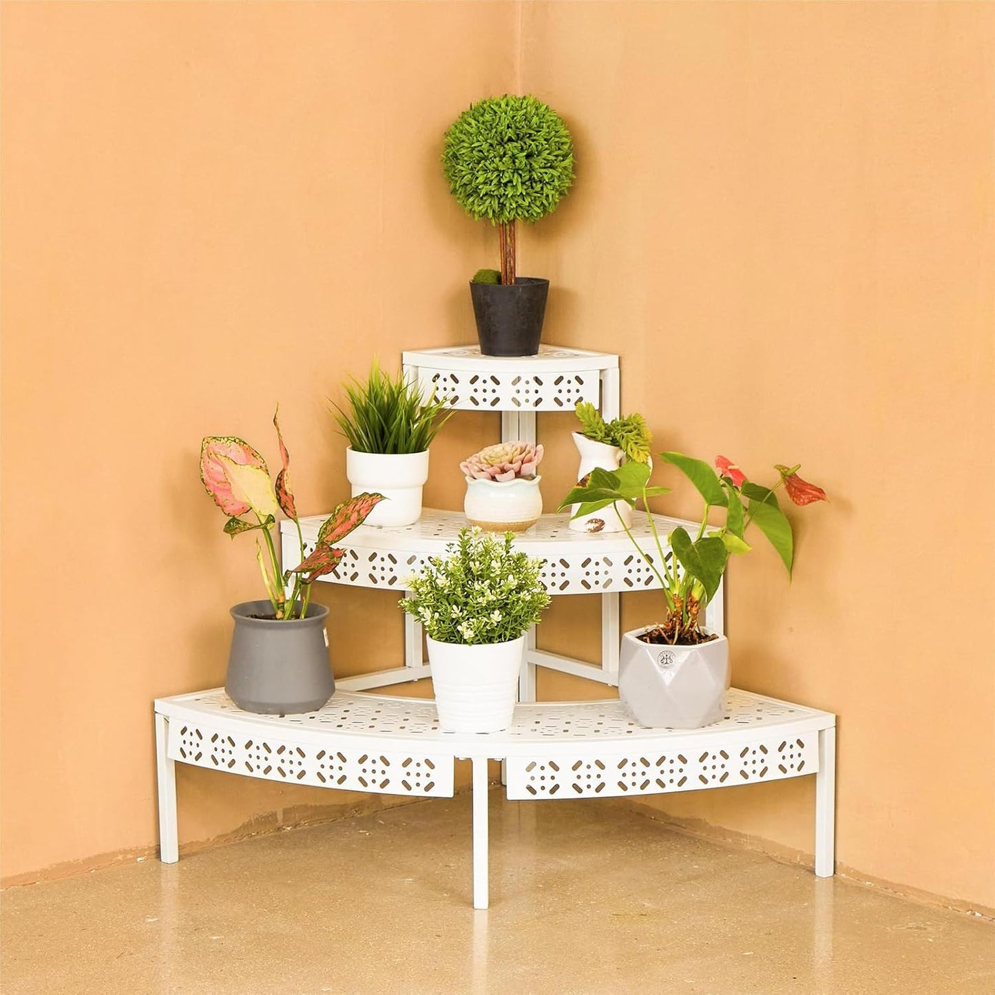 aboxoo 3 Tier Plant Stand Semi-Circular Flower Pot Organizer Rack Quarter Round Plant Display Holder Outdoor Storage Shelves Metal Corner Shelf Planter Shelving Ladder Plant Stand for Indoor
