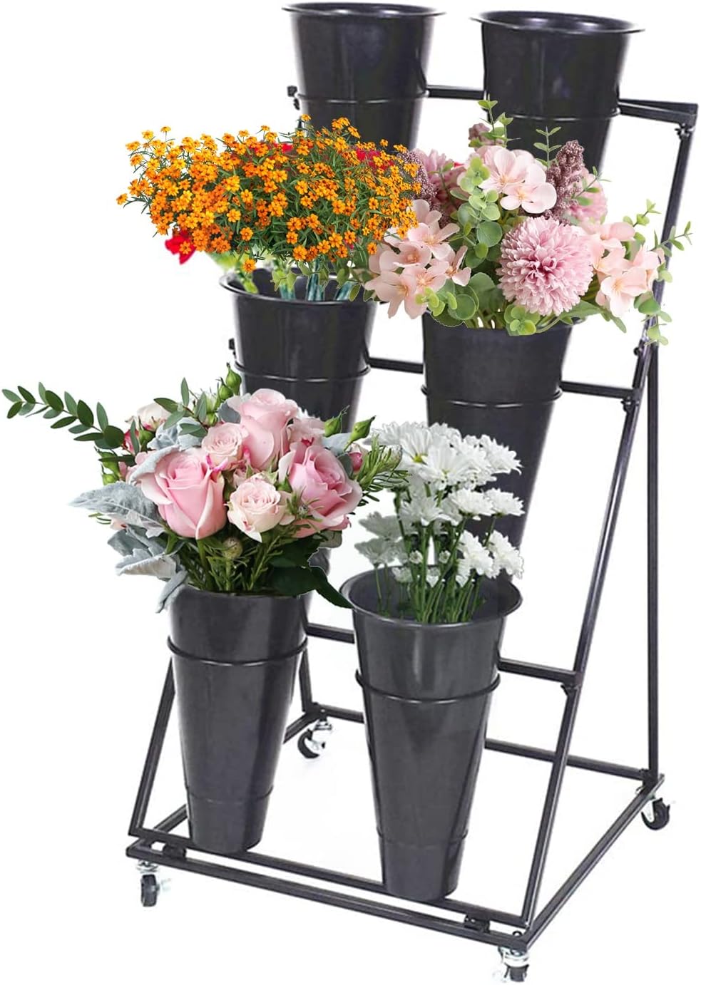 Flower Display Stand, 3-Layer Heavy-Duty Mobile Plant Cart shelve with Wheels, with Plastic Buckets, Easy to Install, Suitable for Indoor and Outdoor Balcony Courtyard Garden Art Exhibitions