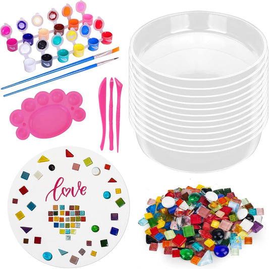 Concrete Stepping Stone Molds,Cement Molds Perfect for Creating Stepping Stones & Garden Markers, Include 300g Mosaic Tiles,Carving Tools and 12 Colors of Acrylic Paint, 10" diam (12pcs)