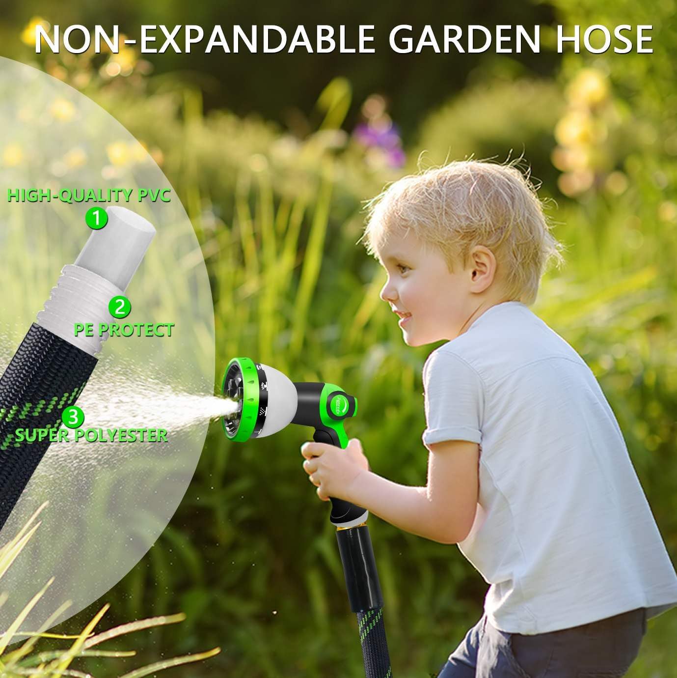 Garden Hose 25 FT, NON-EXPANDABLE Heavy-Duty Flexible & Lightweight Water Hose with 10-Function Nozzle, No-Kink Design, Leak-Proof Super Fabric, Solid Fittings for Lawn, Car, RV, Outdoor