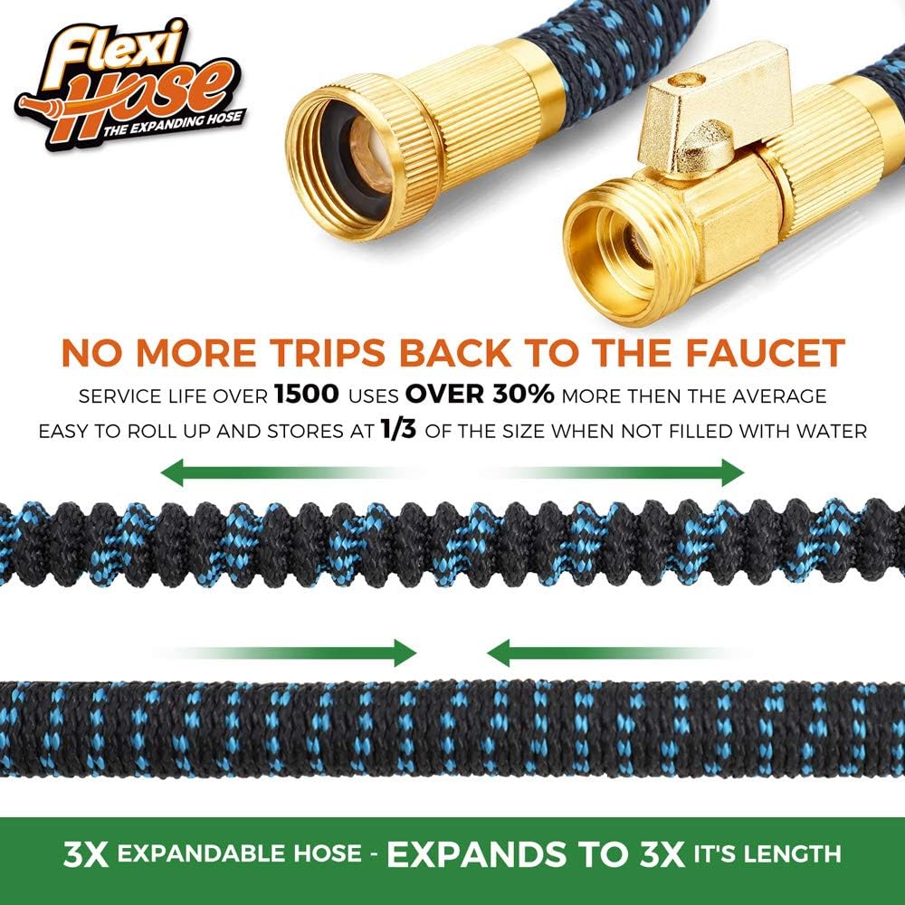 Flexi Hose with 8 Function Nozzle, 25FT - Lightweight Expandable Garden Hose, No-Kink Flexibility, 3/4 Inch Solid Brass Fittings and Double Latex Core