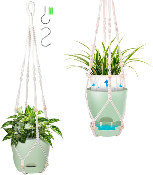 2-Pack 7..1-Inch Self-Watering Hanging Planters for Indoor & Outdoor Plants,34Inch Macrame Hanger Plant Pots Indoor with Drainage,Small Hanging Planters & Baskets,With Two Sets of Hooks（Pure green）