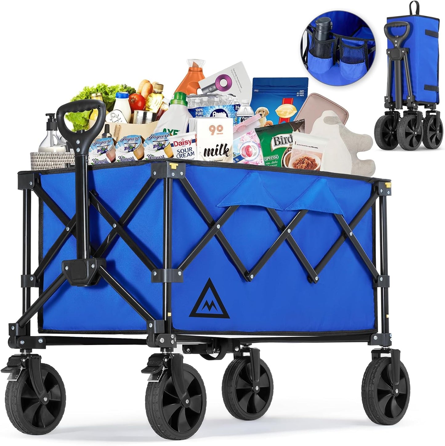 Wagon Cart Shopping Foldable Folding Collapsible with Wheels Big On Beach Garden Outdoor Grocery Heavy Duty Utility All Terrain Portable Wagons Carts for Groceries Sand Camping Sports Blue