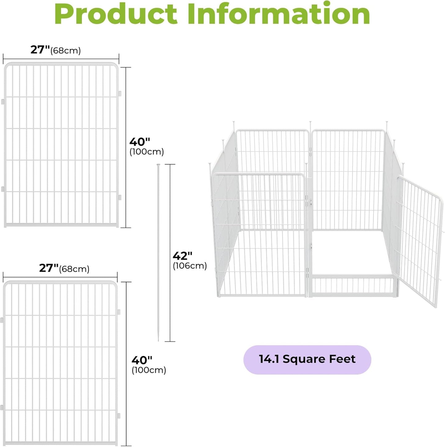 Decorative Garden Fence with Gate 40 in(H) x 17.8 ft(L) 8 Panels, Heavy Duty Metal Animal Barrier Fence for Yard, Flower Bed Fencing, Garden Border Fences, Easy Set Up, White