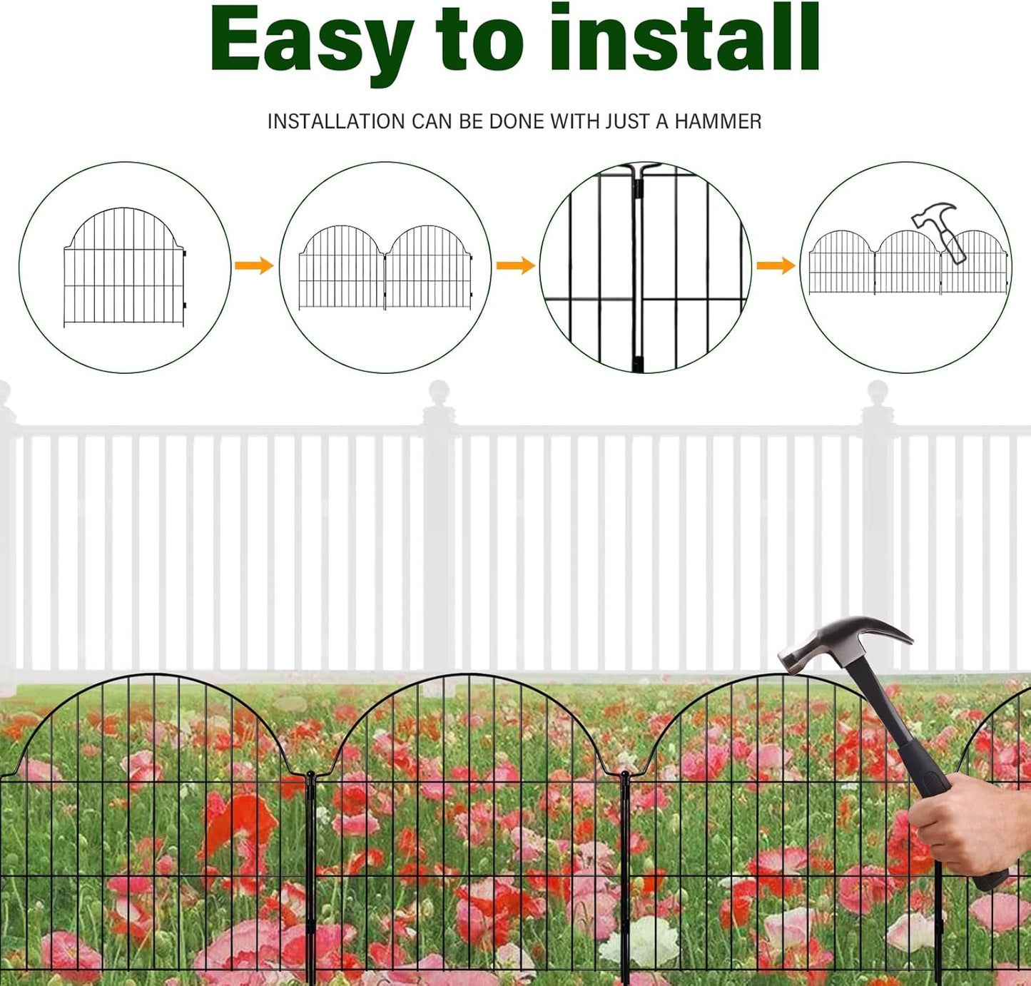 Decorative Metal Garden Fence 6 Panels, 25in (H) x 12.2ft (L) No Dig Outdoor Dog Fence Panels, Easy Install Temporary Fencing for Yard, Rustproof Wire Garden Border