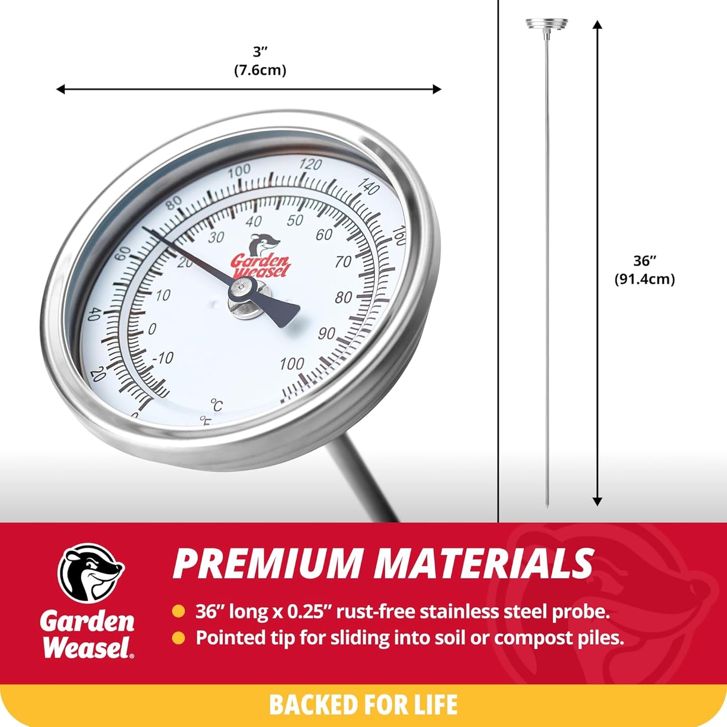 Garden Weasel Analog Soil & Composting Dial Thermometer - 36-Inch Probe | Measures 0 to 220 Degrees Fahrenheit | Soil Temperature, Worm Compost | 98001-A