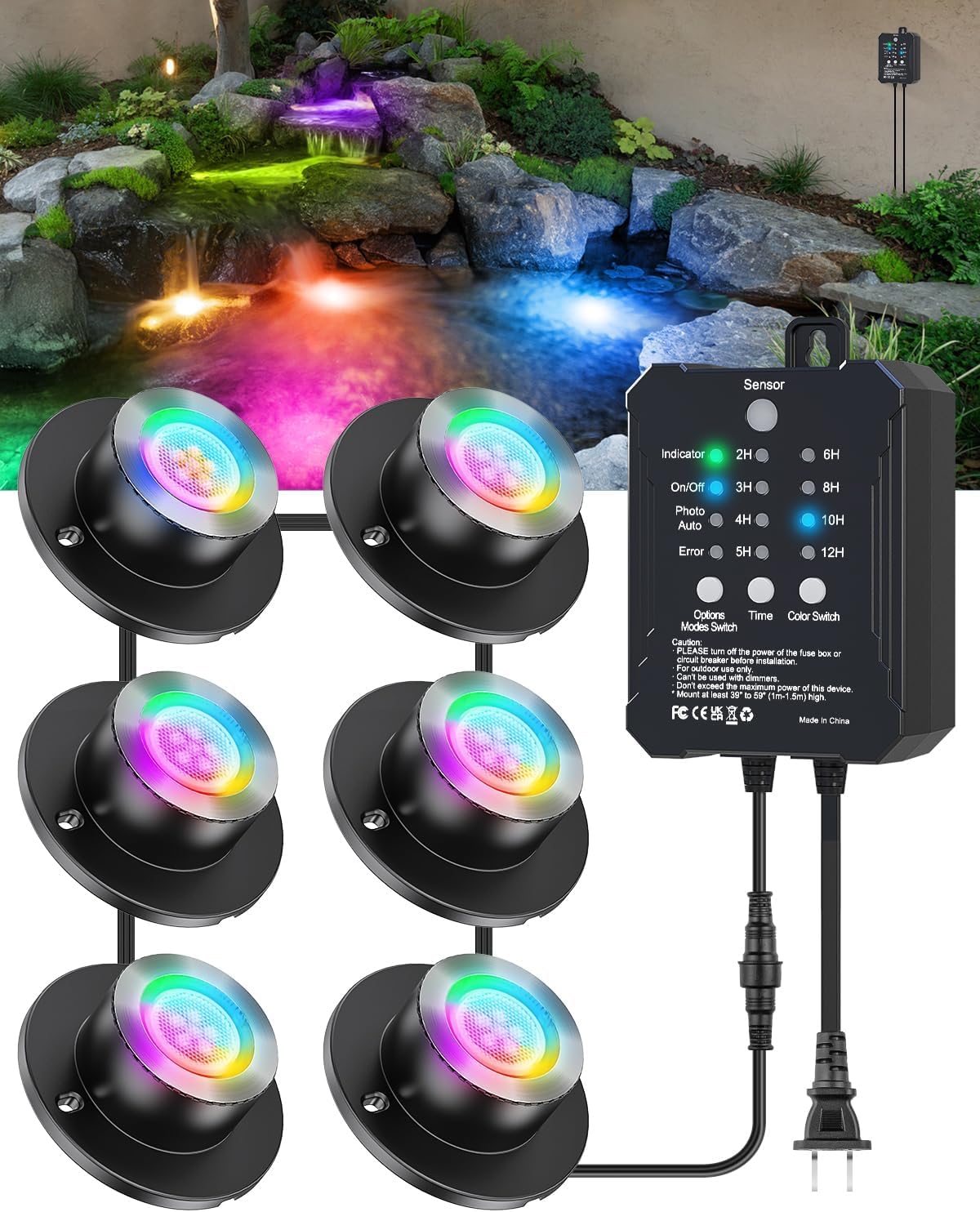 HIBOITEC LED Pond Lights, RGB Underwater Fountain Light with 12V Timer Transformer, Photocell Light Sensor, IP68 Waterproof Outdoor Underwater Lights for Outdoor Ponds Garden, 6 Pack