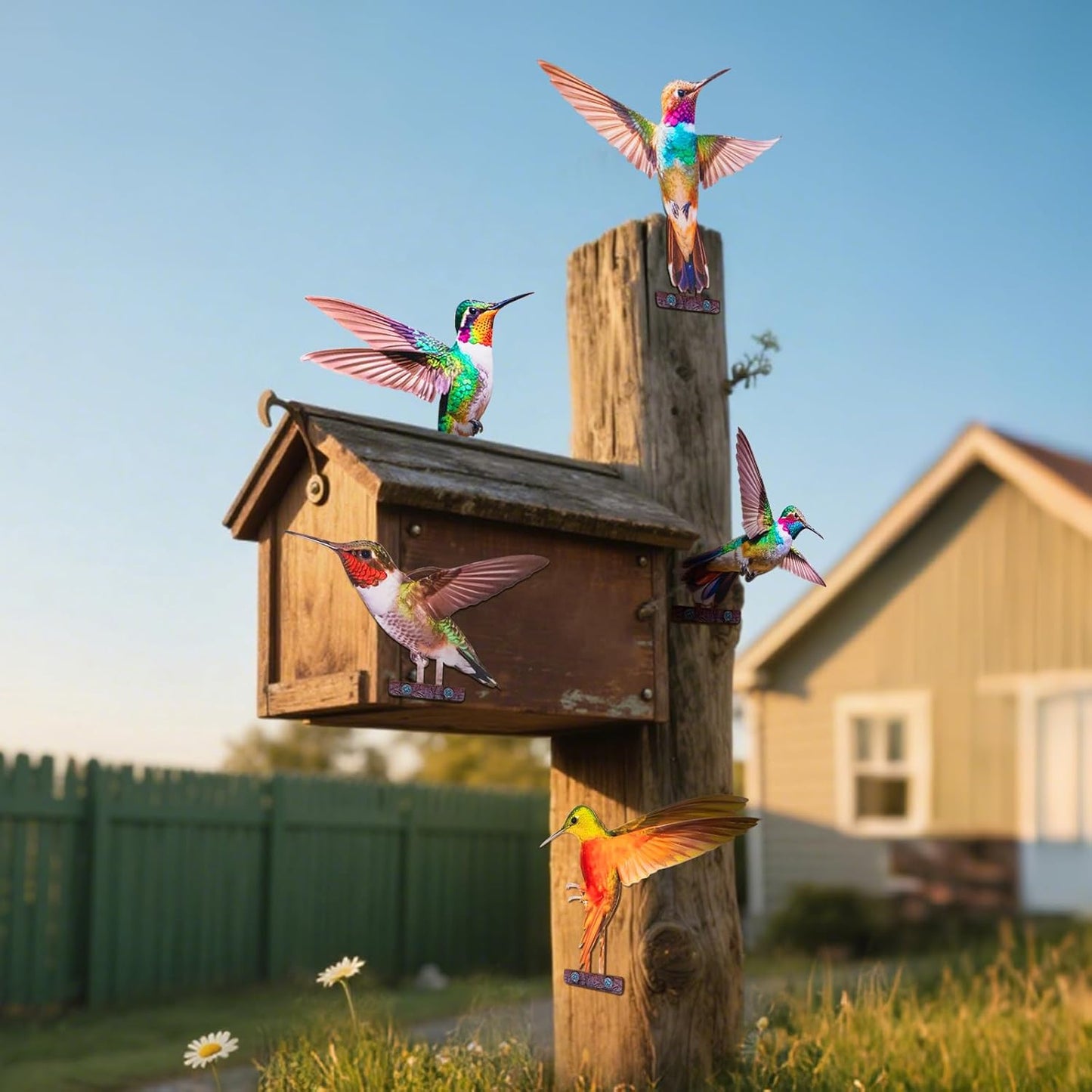 HUYIENO 5PCS Vibrant Metal Bird Decorations Colorful 2D Garden Fence Ornaments for Outdoor Patio & Bird Lovers Hummingbird