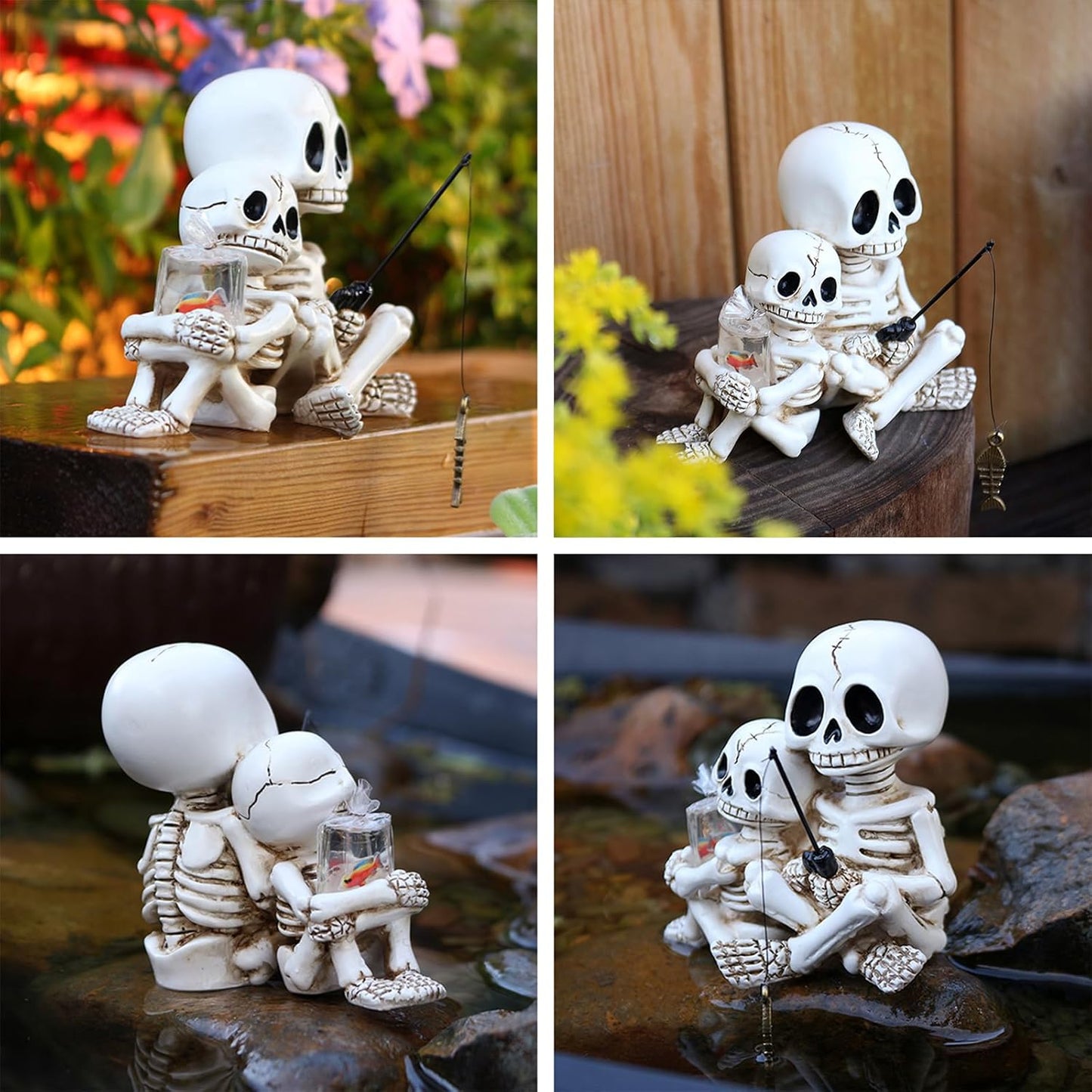 Fishing Skeleton Statue Halloween Decorations, Mini Cute Sitting Skull Figurine Shelf Sitter Resin Sculpture for Outdoor Garden Yard Lawn Pond Waterfalls Pool Ornaments
