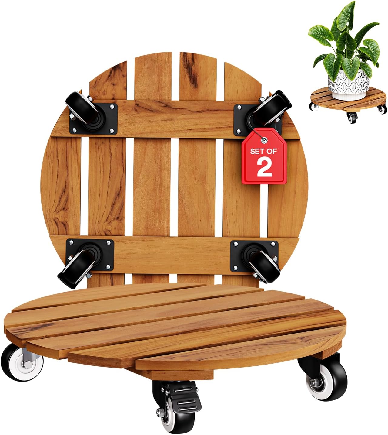 Idzo 2pack Wood Plant Caddy With Wheels Heavy Duty, 264 Lbs Capacity, 12 Inch Acacia Hardwood Plant Dolly, Plant Stand with 360° Lockable Wheels, Plant Caster for Heavy Objects Hauling - Natural Wood