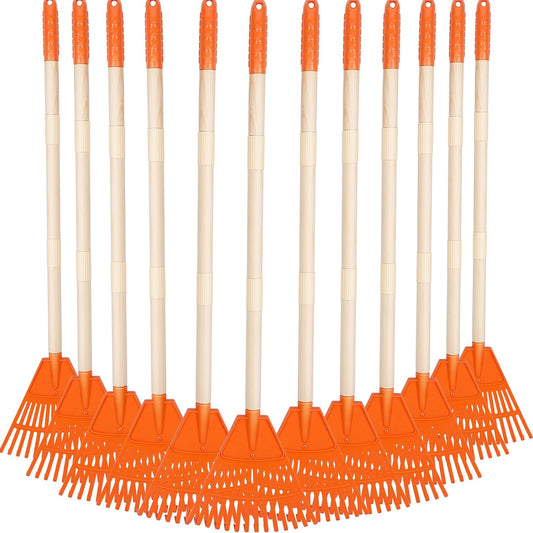 Therwen 12 Pcs Kids Rakes for Leaves 31'' Child Size Plastic Lawn Rakes, Garden Rakes with Plastic Rake Head and Wooden Handle, Kids Gardening Tools for Camping Debris Flower Beds, Boys Girls Gifts