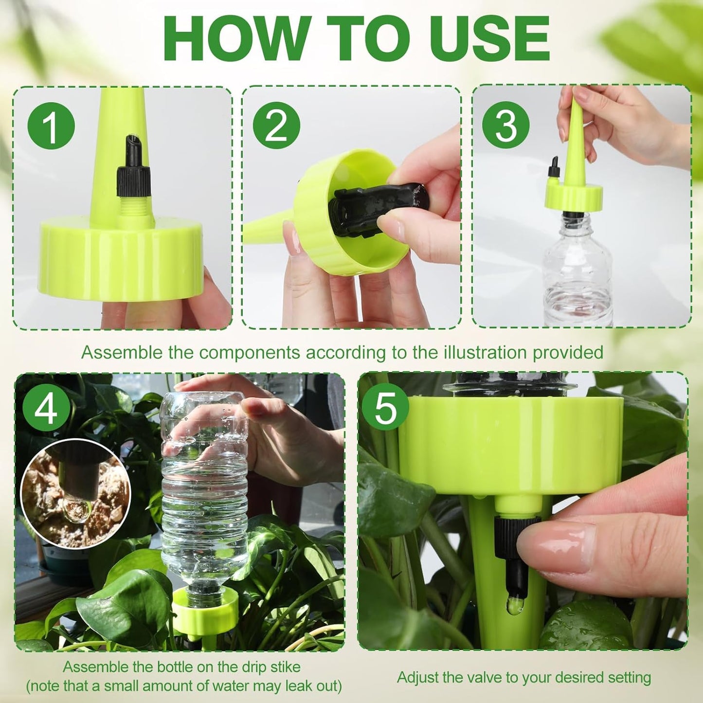 6 Set Self Watering Planter Insert Spikes, Indoor Plant Watering Devices 6pcs Slow Release Auto Vacation Plant Waterer Stakes 6pcs 20oz Plastic Bottles with Adjustable Valve Switch Control for Garden