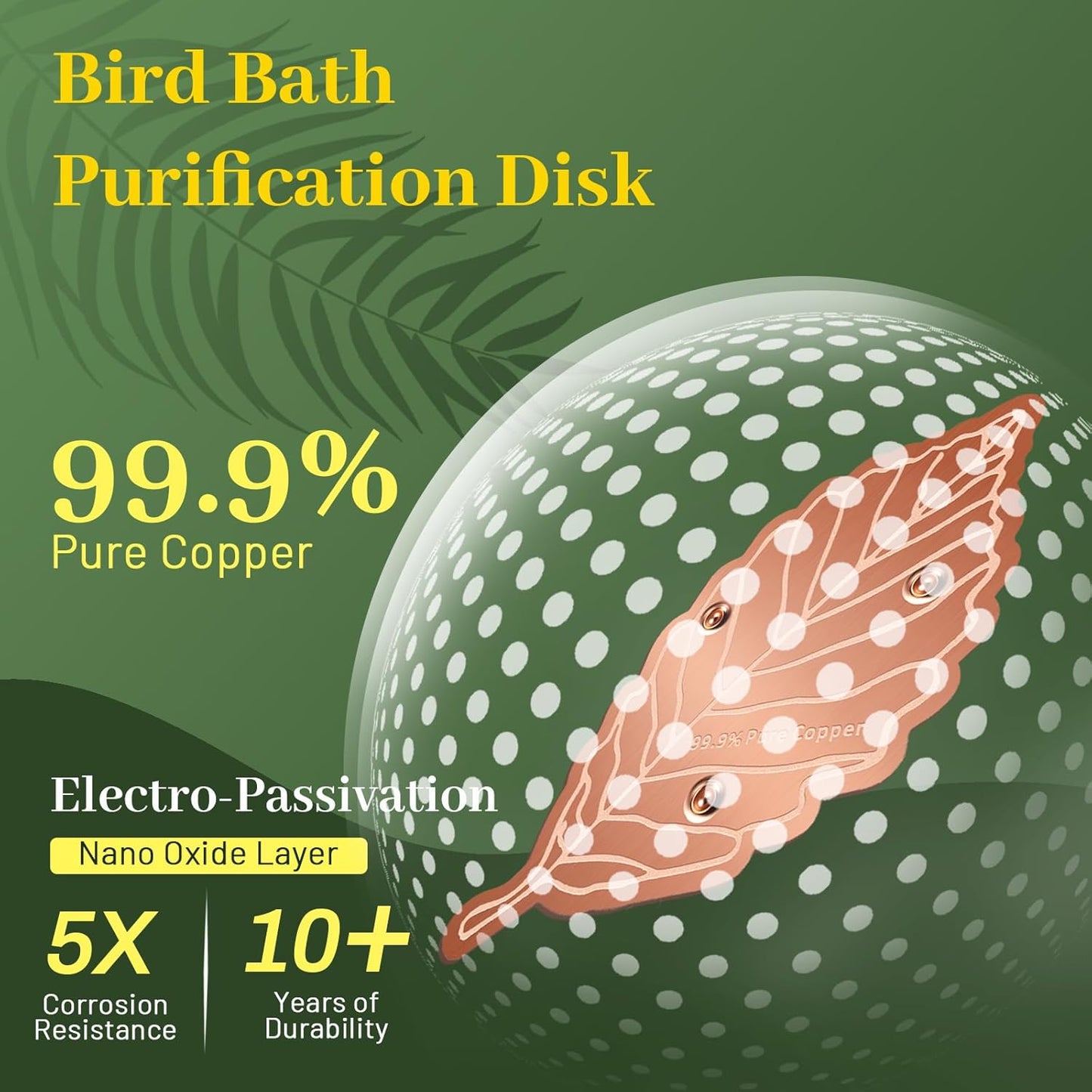 Bird Bath Copper Disk,Bird Bath Purification Disk 0.6mm Reinforced 99.99% Pure Copper Cleaning Disk with Triple-Point Support,Fits Outdoor Birdbath & Bowl,Provide Safe Clean Water,Leaf-1Pc