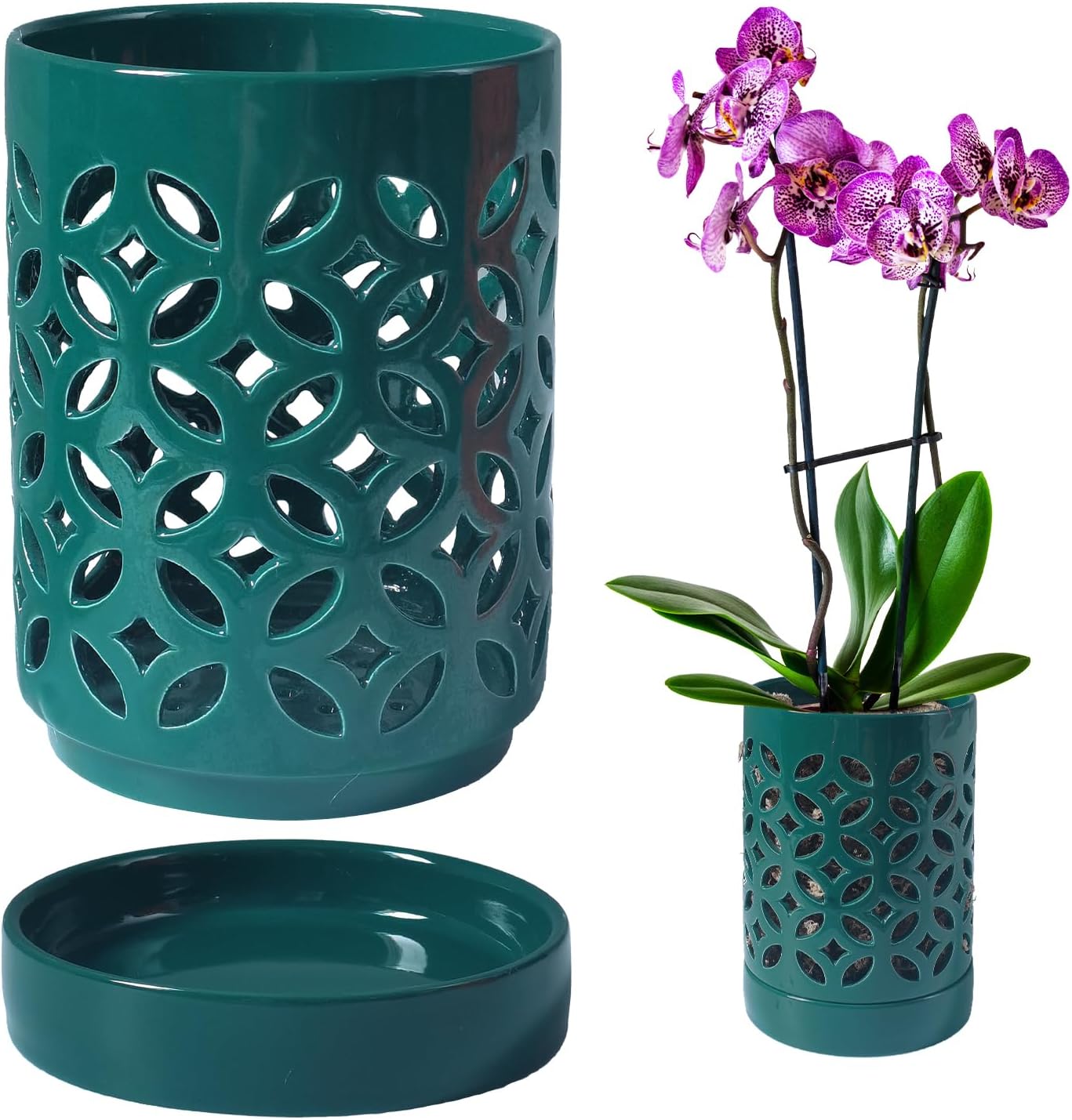 Orchid Pot 4 Inch, Orchid Pots with Holes & Saucers for Repotting, Breathable Slotted Orchid Pots Flower Plant Nursery Pot Green