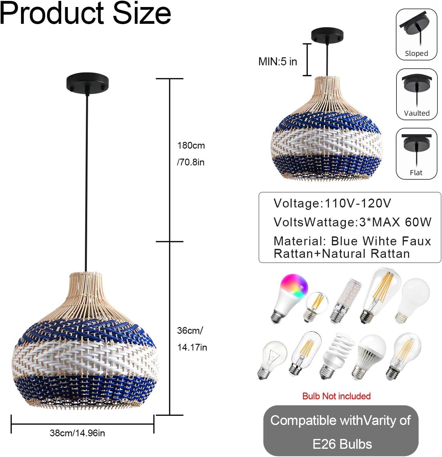 3-Light Rattan Pendant Light 15" Hand-Woven Blue White Wicker Basket Chandelier Boho Faux Rattan Hanging Light,for Living Room Bedroom Kitchen Hallway Dining Farmhouse 1-Pack