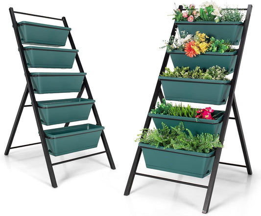 Giantex Set of 2 Vertical Planter Raised Bed, Elevated Garden Beds with Water Drainage Hole, Freestanding 5 Container Boxes for Herb Vegetables Flowers Growing, Outdoor Indoor Patio Balcony
